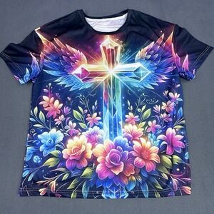 Christian Cross Floral Wing Graphic T-Shirt Unisex Multicolor Faith Religious